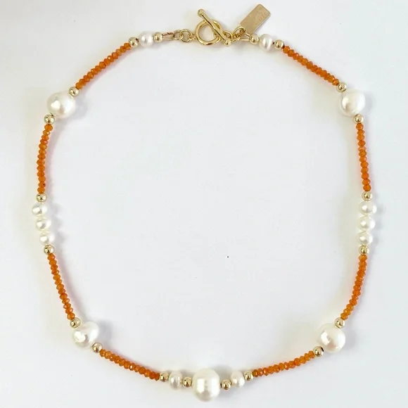 Freshwater Pearl, Carnelian & 14K Gold Necklace - Picture 7 of 7